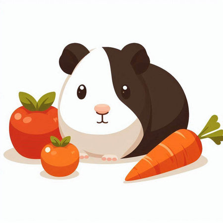 Illustration of a Cute Guinea Pig with Carrots and Tomatoesのイラスト素材
