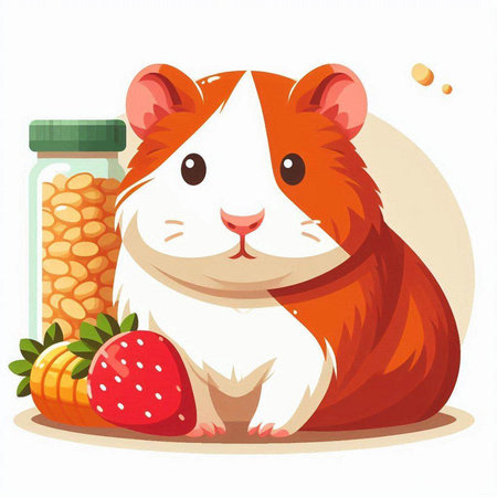 Cute hamster with a bottle of milk and strawberries. Vector illustration.のイラスト素材