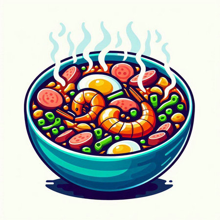 Vector illustration of a bowl of soup with shrimps and vegetablesのイラスト素材