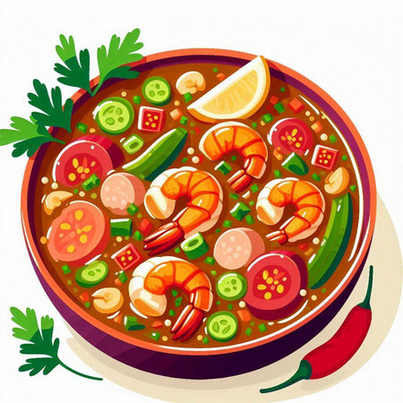 Illustration of a bowl of spicy soup with shrimps and vegetablesのイラスト素材