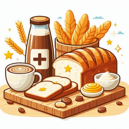 Illustration of bread and bakery products in cartoon style on a white backgroundのイラスト素材