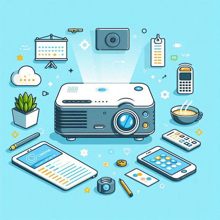 Vector 3d isometric illustration of a modern digital projector, mobile phone, laptop, tablet and office supplies.のイラスト素材