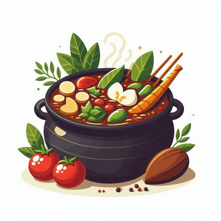Spicy soup with vegetables and greens in a pot. Vector illustration.のイラスト素材
