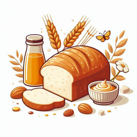 Illustration of bread and butter with wheat ears on white background.のイラスト素材
