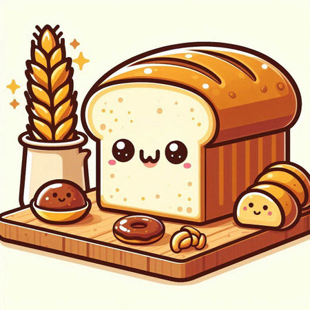 Illustration of a Cute Freshly Baked Bread Served on a Wooden Boardのイラスト素材