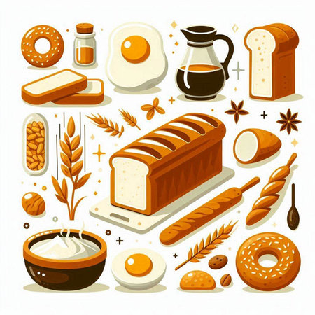 Bread and bakery icons set in flat style. Vector illustration.のイラスト素材