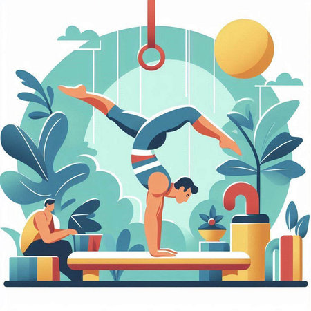 Man practicing yoga in the gym. Vector illustration in flat style.のイラスト素材