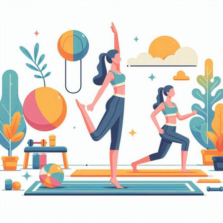Sporty woman doing yoga at home. Vector illustration in flat styleのイラスト素材