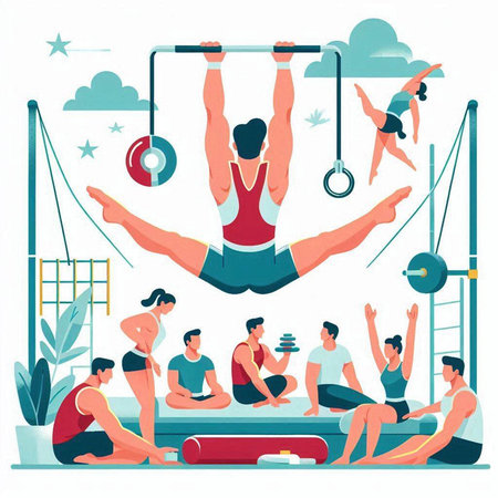 Group of people doing sports in the gym. Flat vector illustration.のイラスト素材