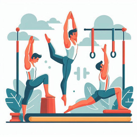 Man and woman practicing yoga on horizontal bar in gym. Flat vector illustration.のイラスト素材