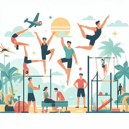 Vector illustration of men and women doing gymnastics on the beach.のイラスト素材