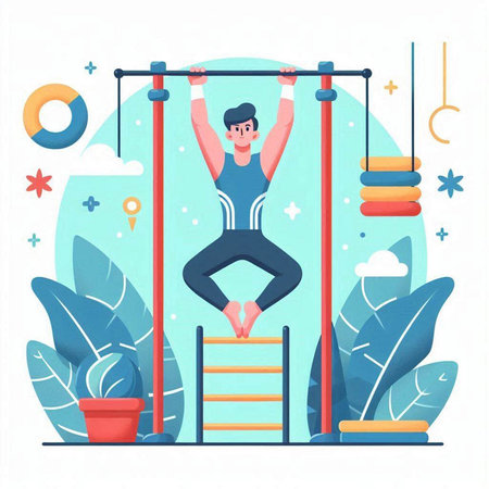 Man doing pull-ups on horizontal bar. Flat vector illustration.のイラスト素材
