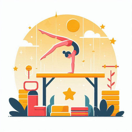 Vector illustration of a girl doing yoga in the gym. Flat style.のイラスト素材
