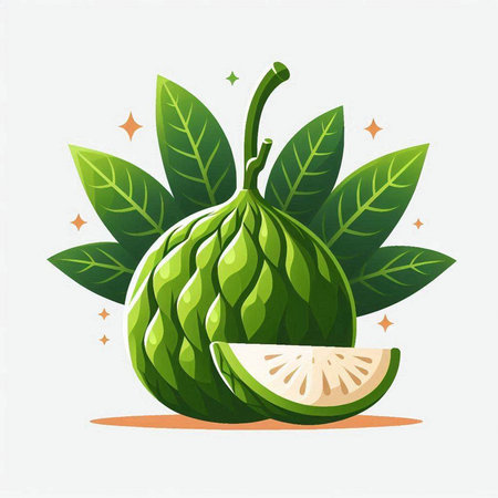 Vector illustration of a fresh guava with leaves on a white backgroundのイラスト素材