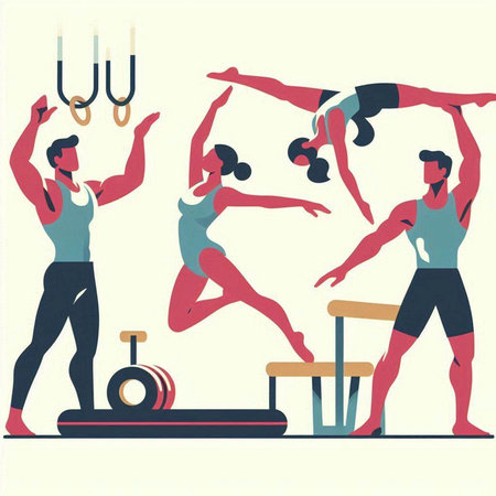 Athletic man and woman doing exercises. Flat vector illustration.のイラスト素材