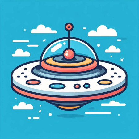UFO flat vector illustration. Flying saucer in outer space. Alien spaceship.のイラスト素材