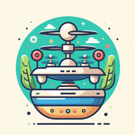 Space ship with flying saucer. Vector illustration in flat style.のイラスト素材