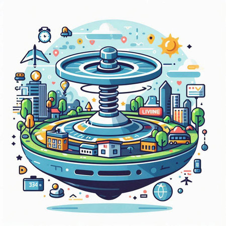 Vector illustration of a flying saucer on the background of the cityのイラスト素材