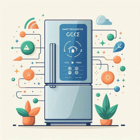 Modern Refrigerator with Smart Home Icons. Vector Illustrationのイラスト素材