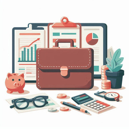 Vector illustration of a briefcase, calculator, piggy bank, financial charts, magnifier, glasses, notepad, pen, calculator, wallet and eyeglasses.のイラスト素材