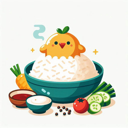 Illustration of a chicken in a bowl of rice and vegetables.のイラスト素材