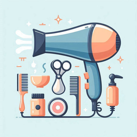 Hairdryer and hairdresser tools. Vector illustration.のイラスト素材