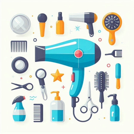 Hairdresser tools. Hairdryer, scissors, combs, hairdryer, spray bottle, comb, sprayer. Vector illustrationのイラスト素材