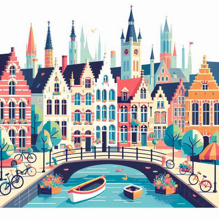 Amsterdam cityscape with canal, boats, canals and houses. Vector illustrationのイラスト素材