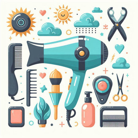 Hairdryer and hairdresser tools. Vector illustrationのイラスト素材
