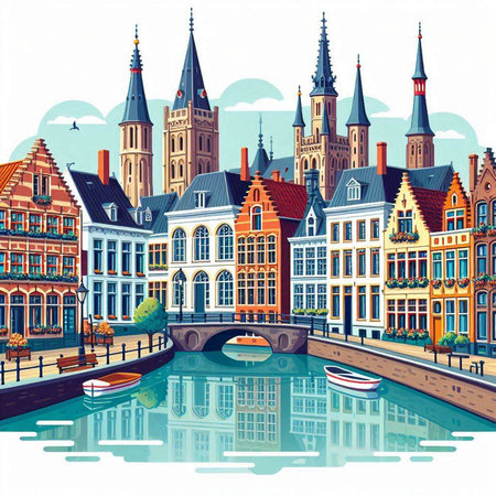 Bruges, Belgium. Cityscape with canals and houses.のイラスト素材