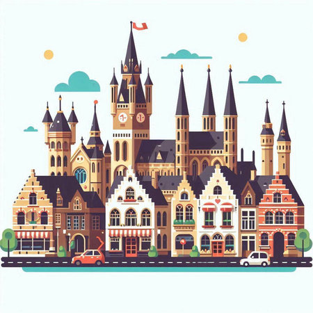 Cityscape of the old town. Vector illustration in flat style.のイラスト素材