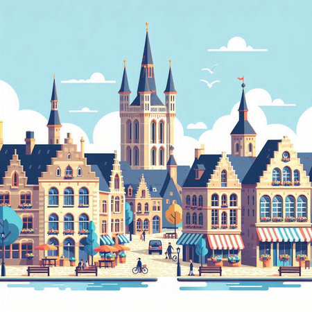 Bruges, Belgium. Cityscape with historic buildings. Vector illustration.のイラスト素材