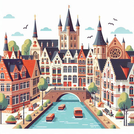 Amsterdam cityscape with old houses and canals. Vector illustrationのイラスト素材