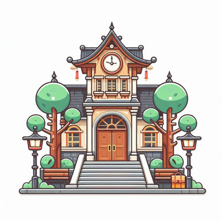 Vector illustration of a school building with a clock on the facade.のイラスト素材