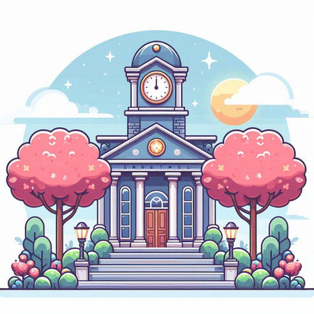School building with clock and cherry blossoms on the background. Vector illustration.のイラスト素材