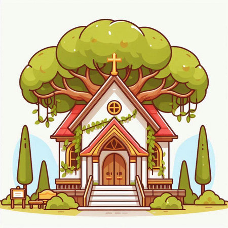 Church in the forest. Cartoon style. Vector illustration for your designのイラスト素材