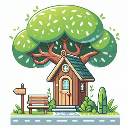 Wooden house in the park with a tree. Vector illustration.のイラスト素材