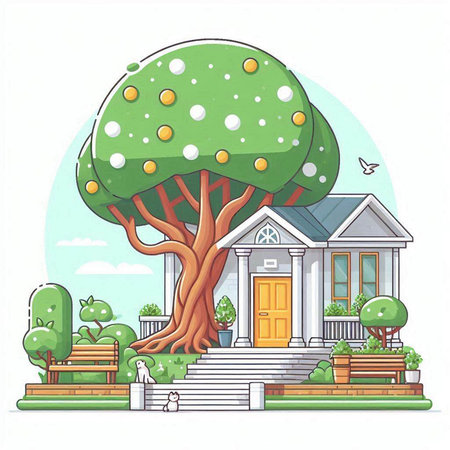 Vector illustration of a beautiful house with a big tree. Cartoon style.のイラスト素材