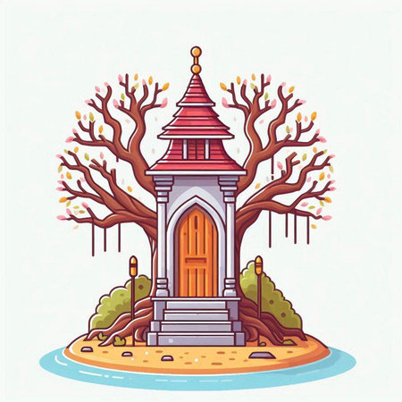 Illustration of a Buddhist temple in the forest. Vector illustration.のイラスト素材