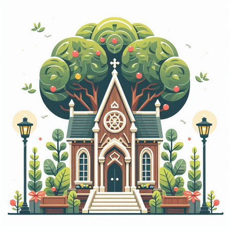 Vector illustration of a church with a tree, lanterns and apples.のイラスト素材