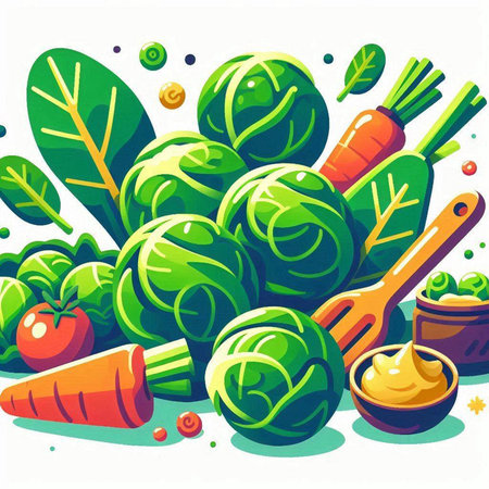 Vector illustration of fresh brussels sprouts, carrots and mustardのイラスト素材