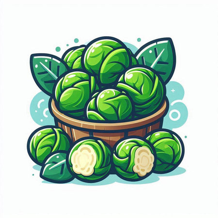 Brussels sprouts in a wooden bowl. Vector illustration.のイラスト素材