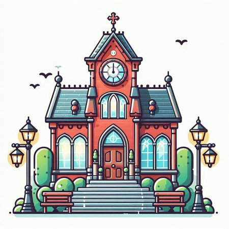 Vector illustration of a beautiful old school building with lanterns on a white background.のイラスト素材
