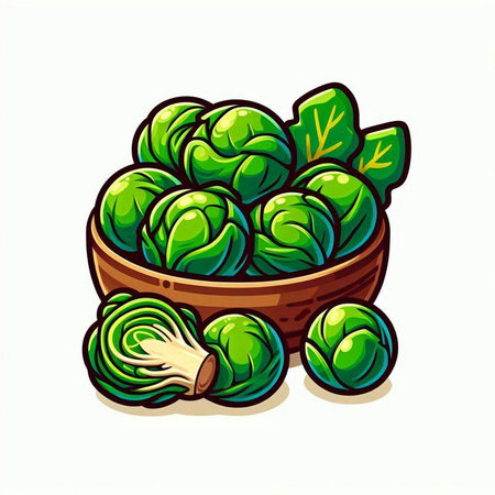 Brussels sprouts in a wooden bowl isolated on white backgroundのイラスト素材