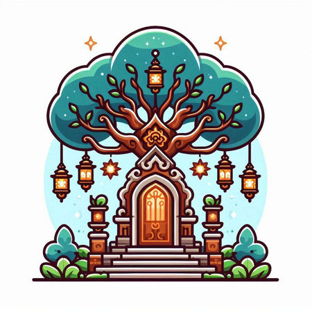 Lanterns and tree in the shape of a church. Vector illustrationのイラスト素材