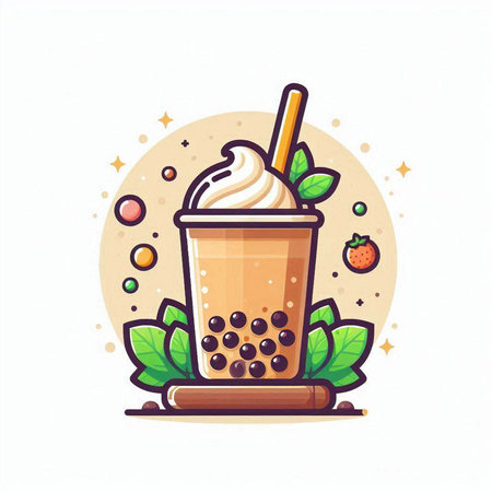 Iced coffee with whipped cream and mint leaves. Vector illustration.のイラスト素材
