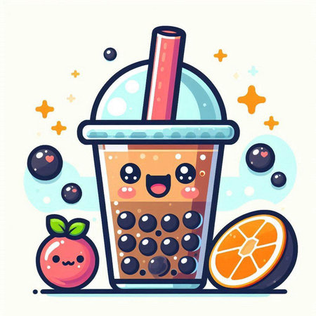 Funny cartoon bubble tea with fruits and berries. Vector illustration.のイラスト素材