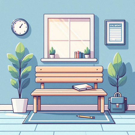 Interior of a modern living room with wooden bench, books, plants and clockのイラスト素材