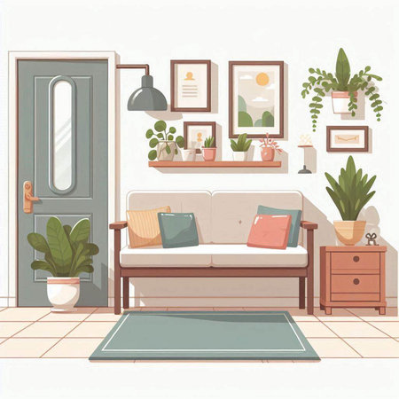 Interior of living room with sofa and plants. Vector illustration.のイラスト素材