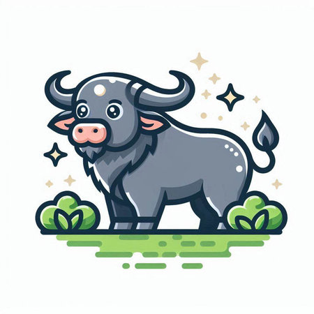 Cute cartoon buffalo. Vector illustration isolated on a white background.のイラスト素材